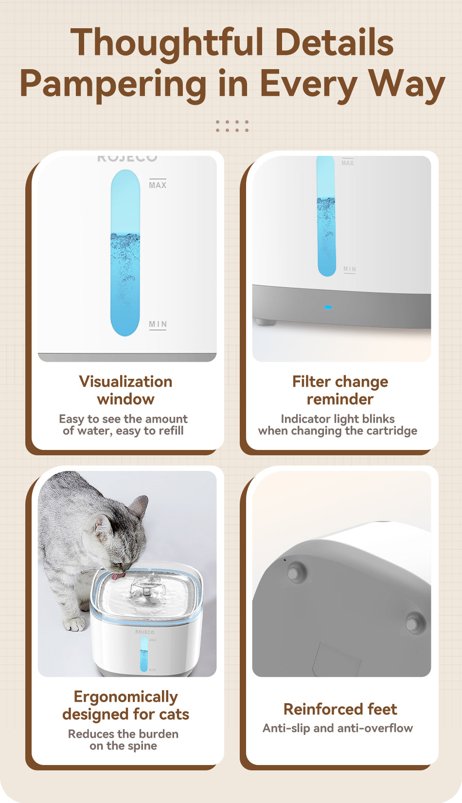 Rojeco 2.5L Stainless Steel Wireless Pet Water Fountain