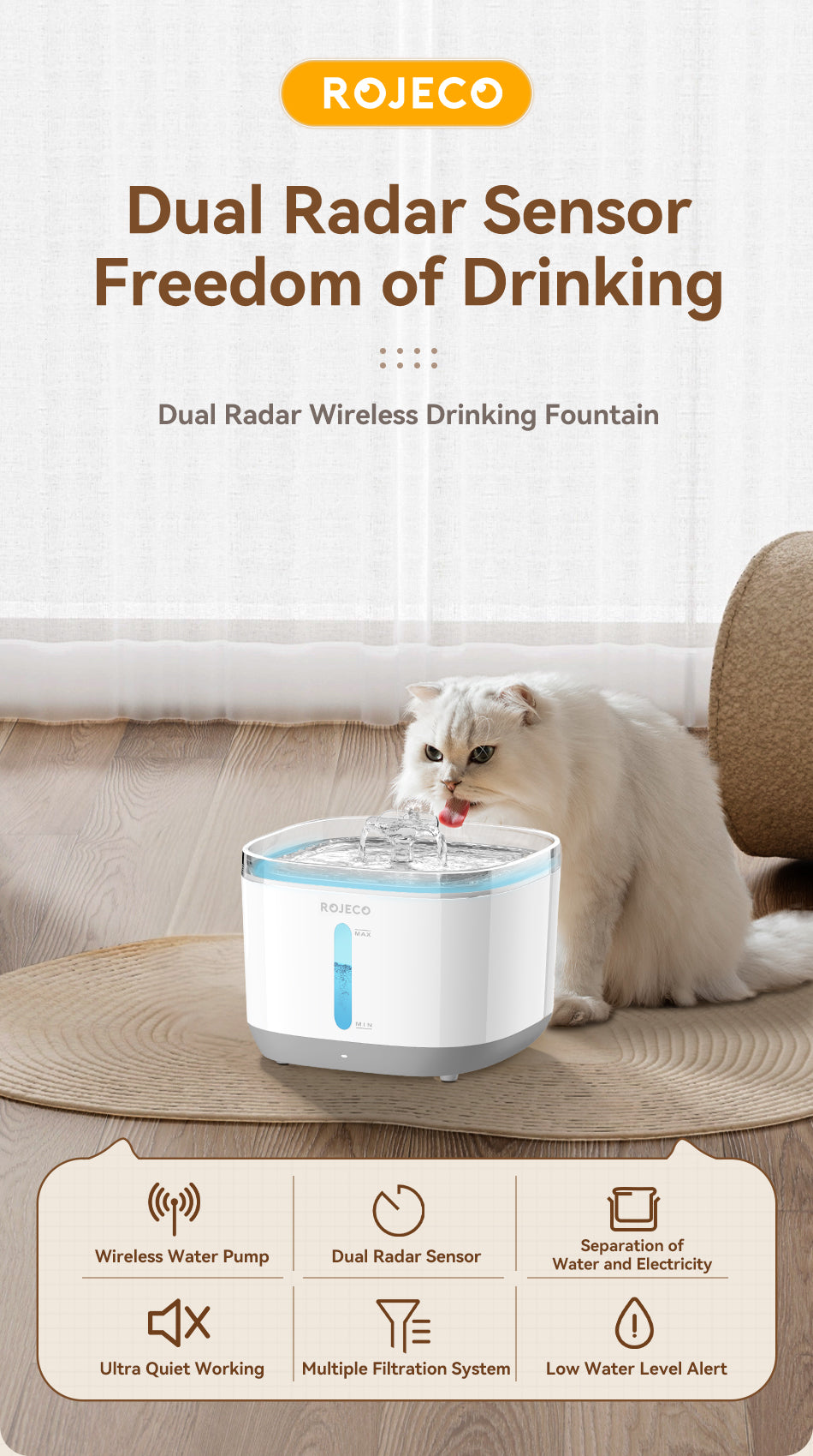 Rojeco 2.5L Stainless Steel Wireless Pet Water Fountain