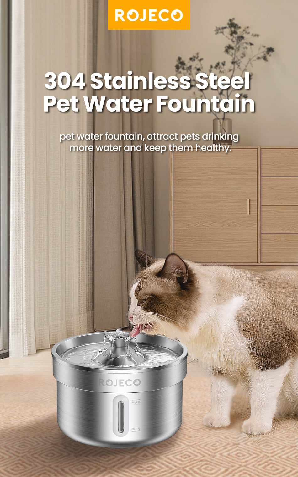 Rojeco 2L Stainless Steel Cat Water Fountain (New Version)