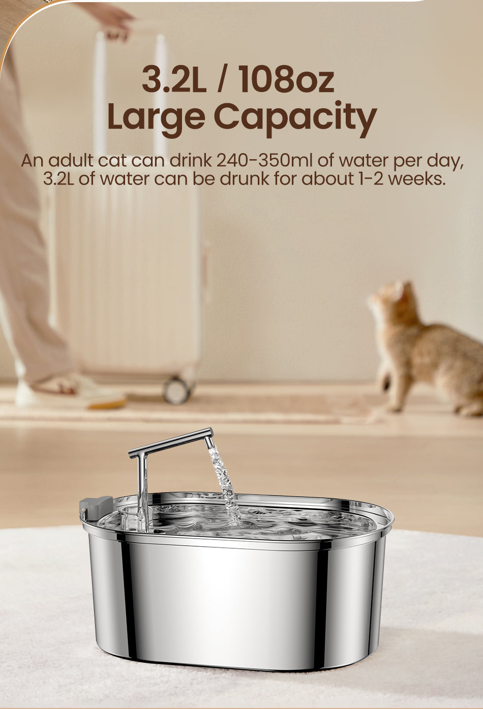 Rojeco 3.2L Stainless Steel Cat Water Fountain