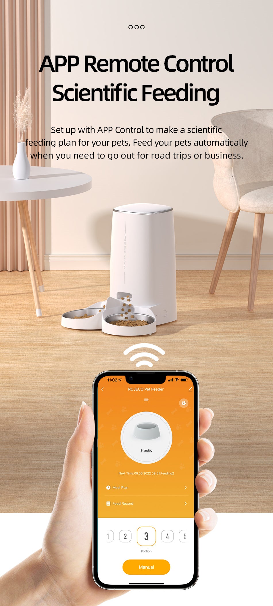Rojeco 4L WIFI Automatic Pet Feeder - Double Bowl