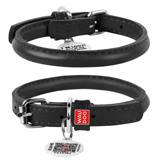Waudog Glamour Leather Cat Collar w/ QR Tag - Black - 17 to 20 cm