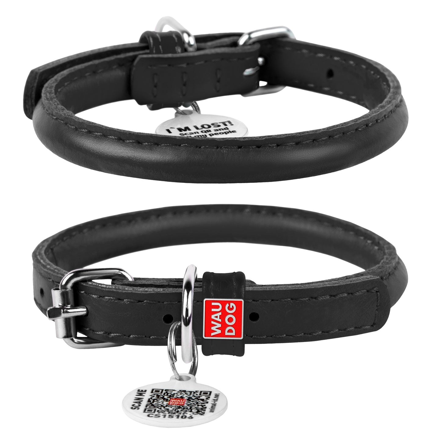 Waudog Glamour Leather Cat Collar w/ QR Tag - Black - 22 to 30 cm