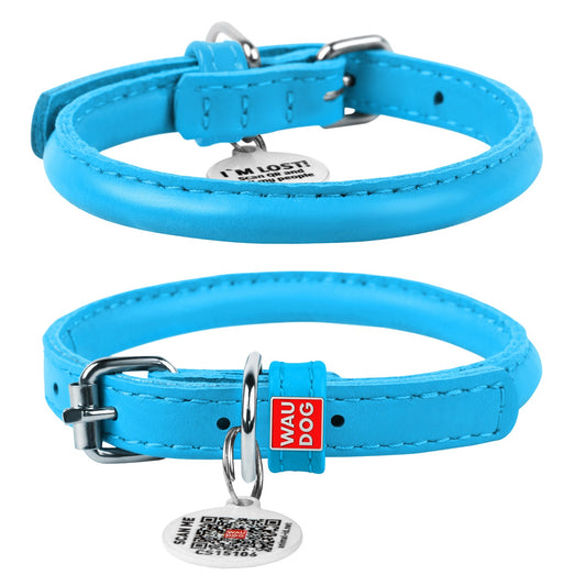 Waudog Glamour Leather Cat Collar w/ QR Tag - Blue - 22 to 30 cm