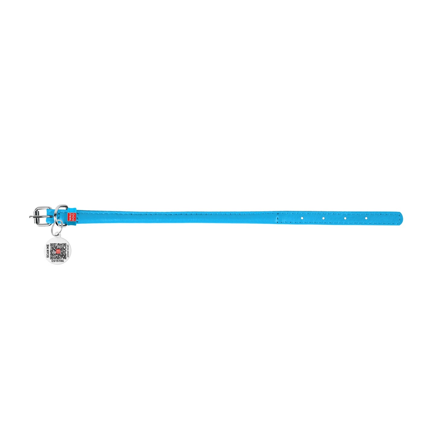 Waudog Glamour Leather Cat Collar w/ QR Tag - Blue - 22 to 30 cm