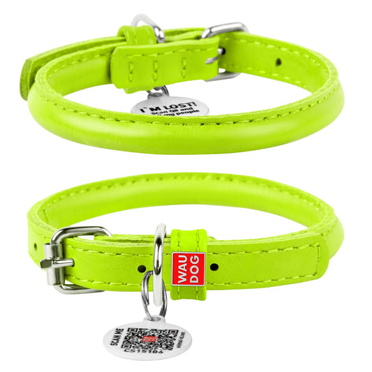 Waudog Glamour Leather Cat Collar w/ QR Tag - Green - 22 to 30 cm