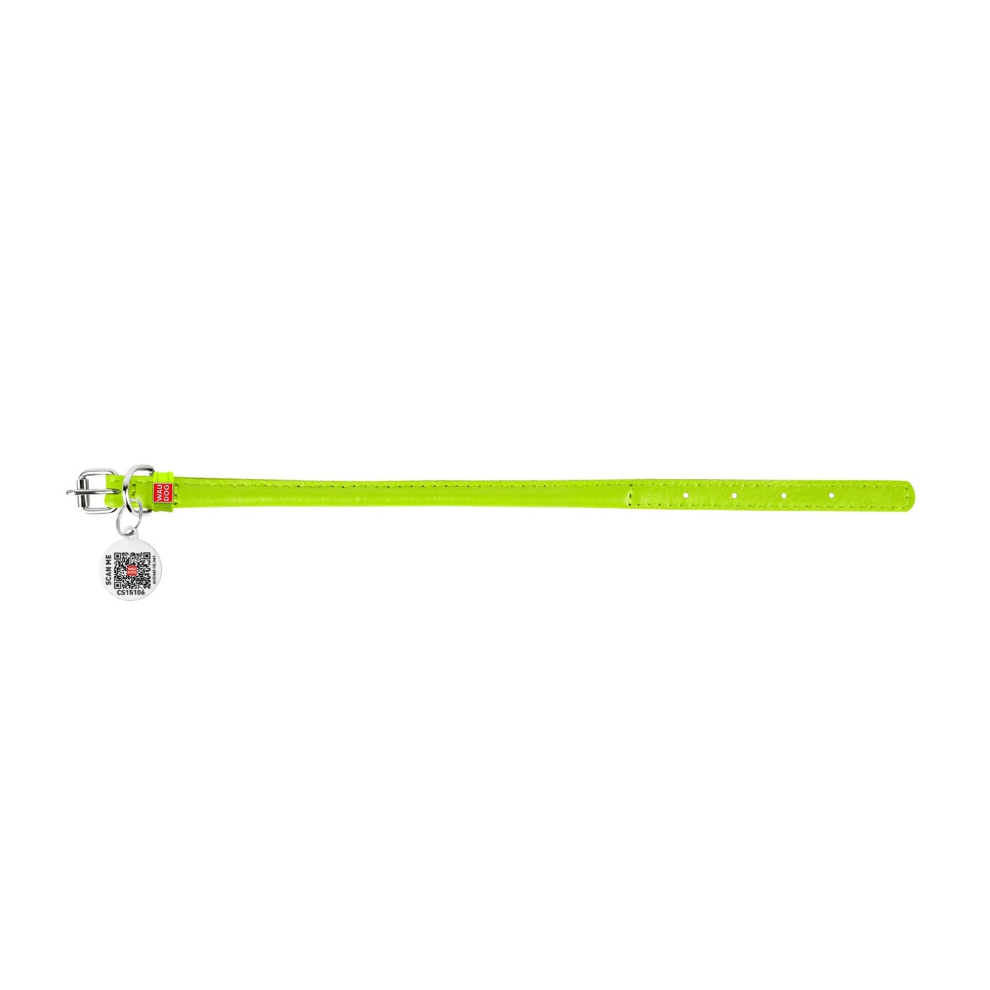 Waudog Glamour Leather Cat Collar w/ QR Tag - Green - 22 to 30 cm