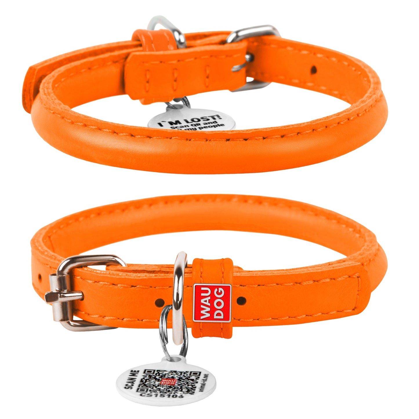 Waudog Glamour Leather Cat Collar w/ QR Tag - Orange - 22 to 30 cm