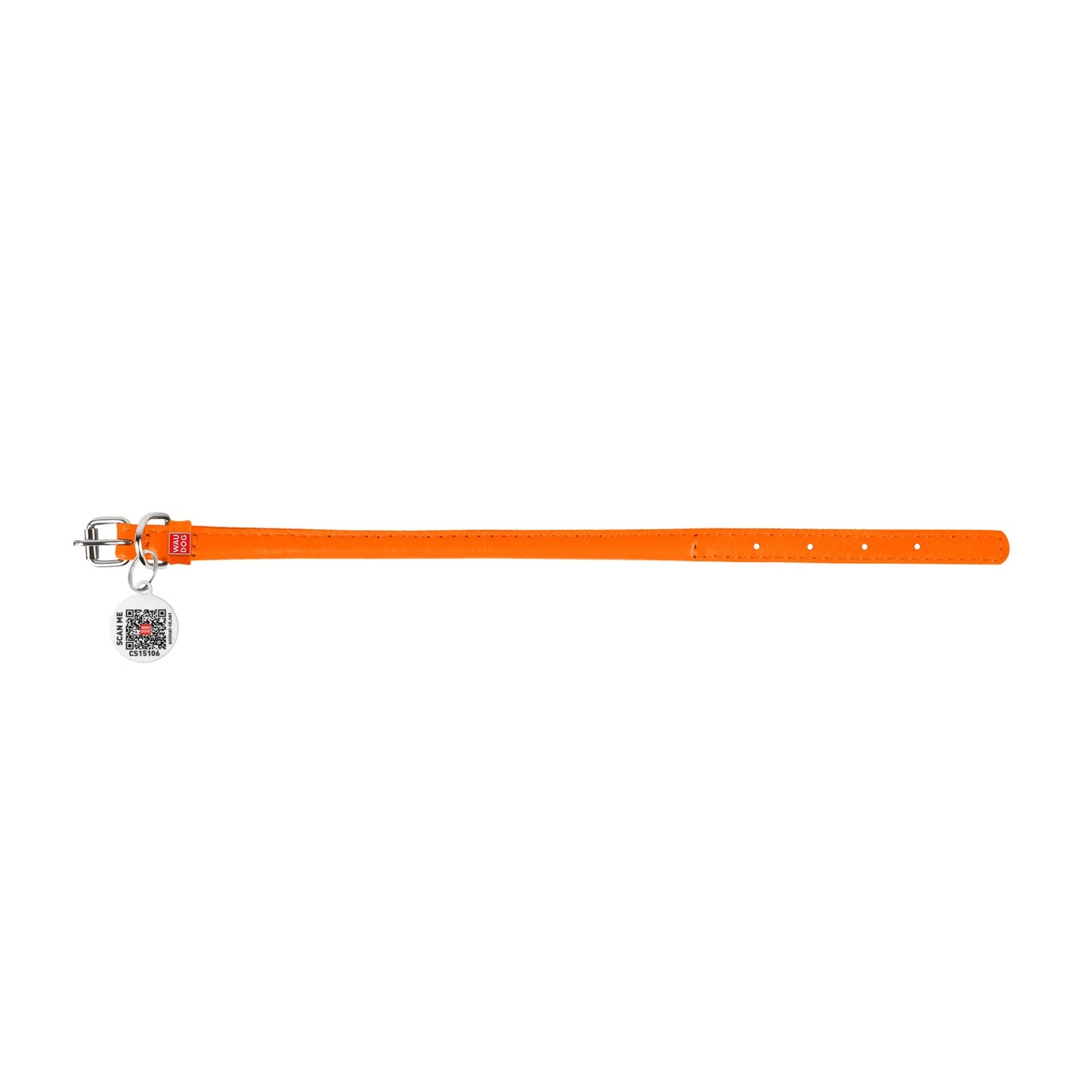 Waudog Glamour Leather Cat Collar w/ QR Tag - Orange - 22 to 30 cm