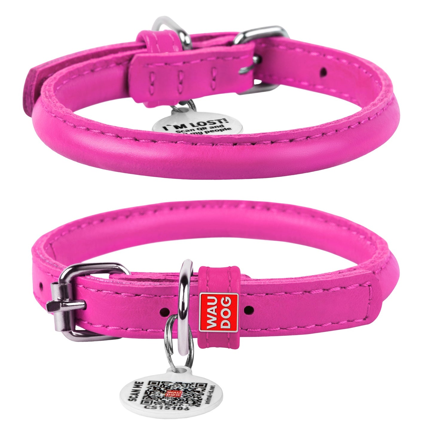 Waudog Glamour Leather Cat Collar w/ QR Tag - Pink - 22 to 30 cm