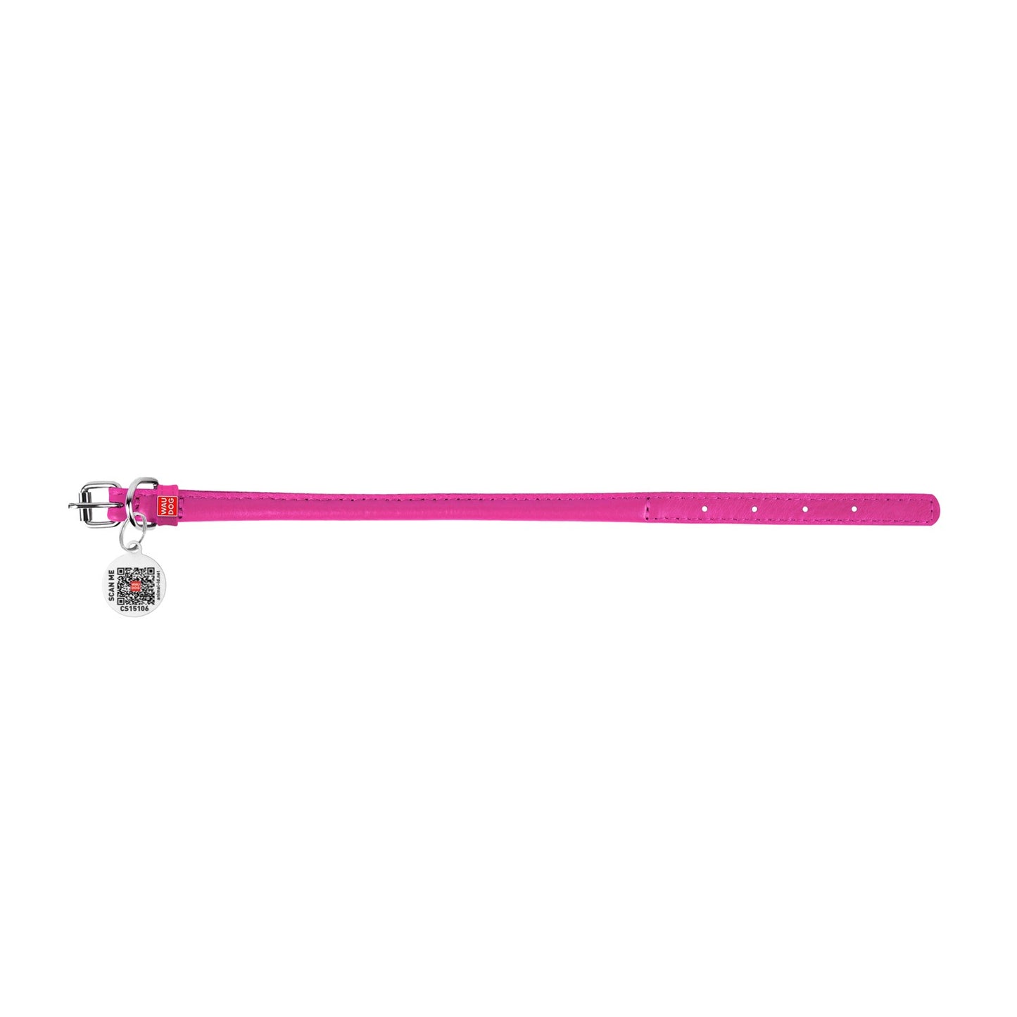 Waudog Glamour Leather Cat Collar w/ QR Tag - Pink - 22 to 30 cm