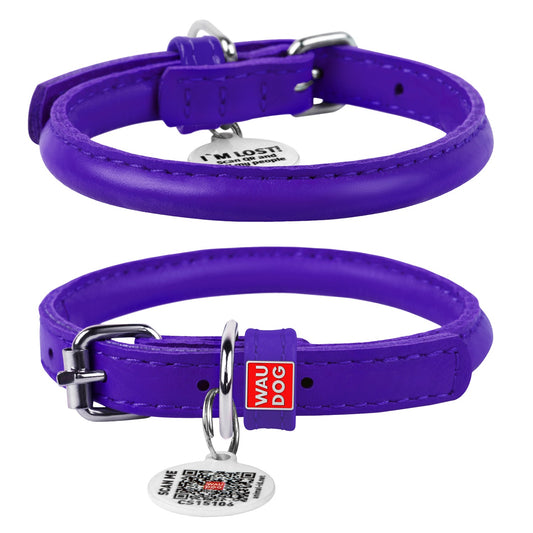 Waudog Glamour Leather Cat Collar w/ QR Tag - Purple - 22 to 30 cm