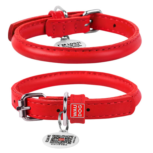 Waudog Glamour Leather Cat Collar w/ QR Tag - Red - 22 to 30 cm