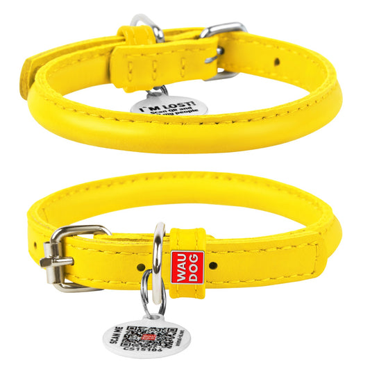 Waudog Glamour Leather Cat Collar w/ QR Tag - Yellow - 17 to 20 cm