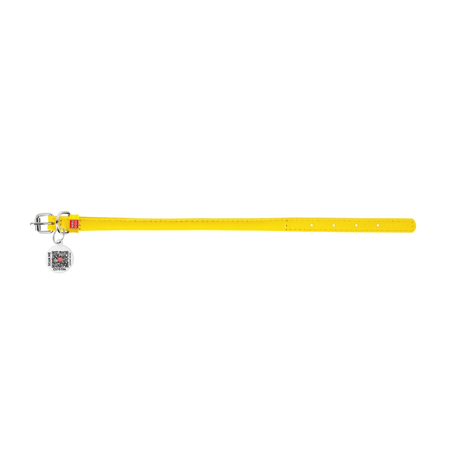 Waudog Glamour Leather Cat Collar w/ QR Tag - Yellow - 17 to 20 cm