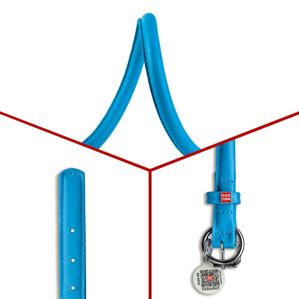 Waudog Glamour Leather Dog Collar w/ QR Tag - M - Blue