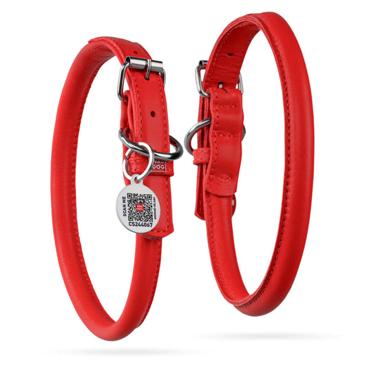 Waudog Glamour Leather Dog Collar w/ QR Tag - XL - Red