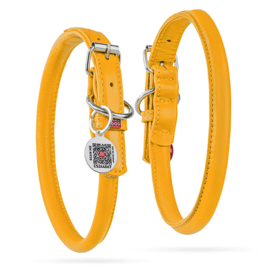 Waudog Glamour Leather Dog Collar w/ QR Tag - M - Yellow