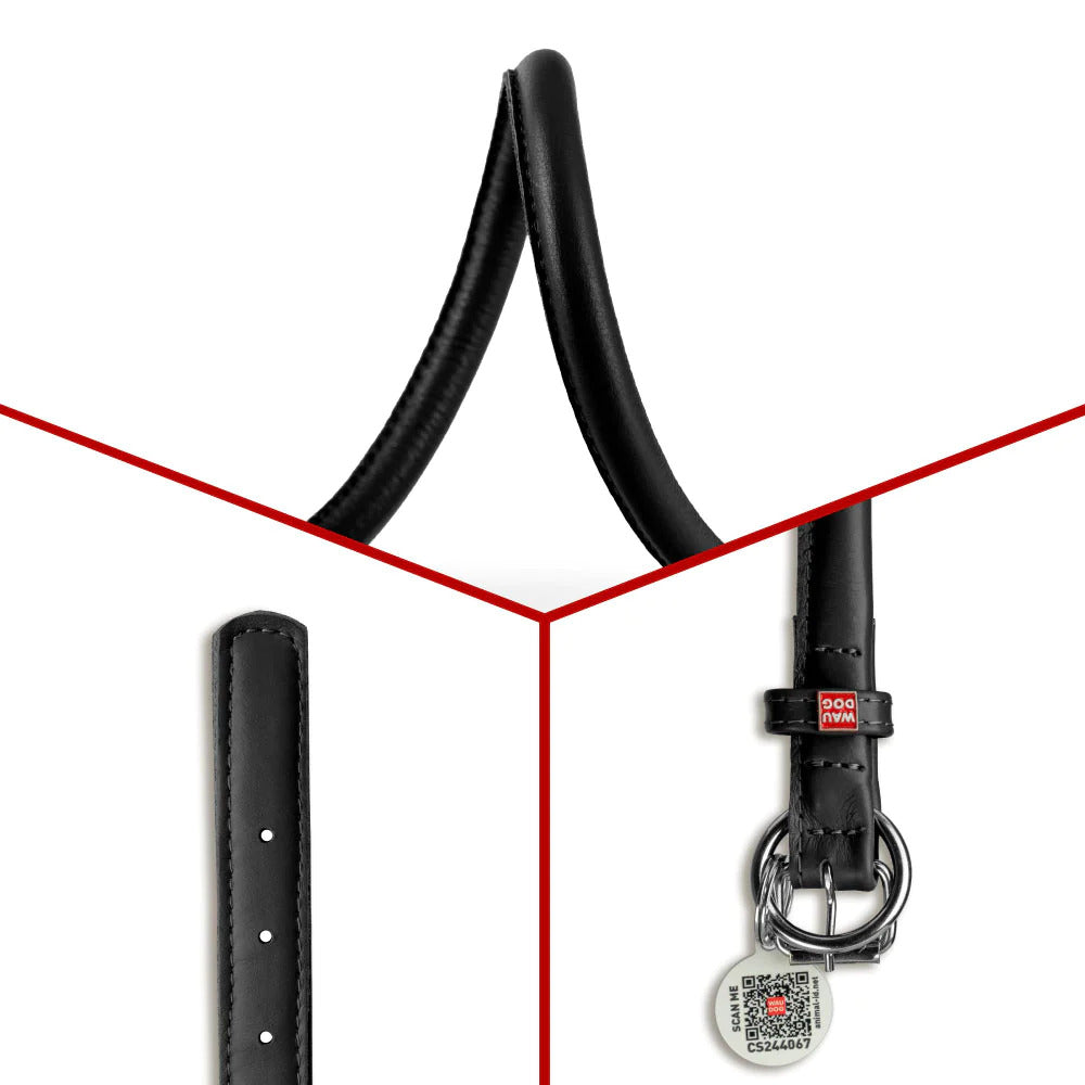 Waudog Glamour Leather Dog Collar w/ QR Tag - S - Black