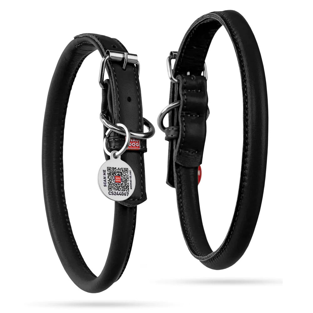 Waudog Glamour Leather Dog Collar w/ QR Tag - XXS - Black