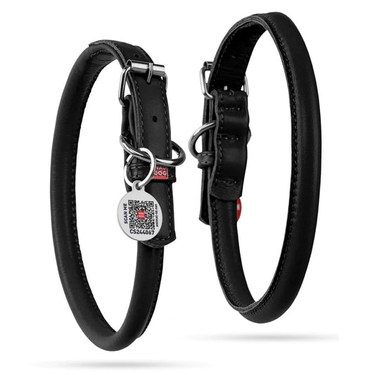 Waudog Glamour Leather Dog Collar w/ QR Tag - XS - Black