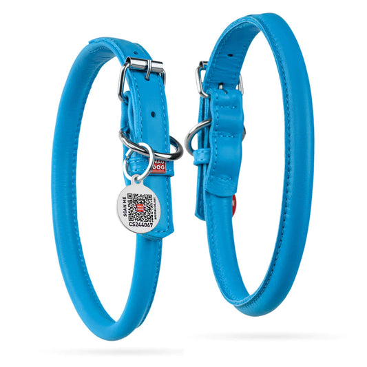 Waudog Glamour Leather Dog Collar w/ QR Tag - S - Blue