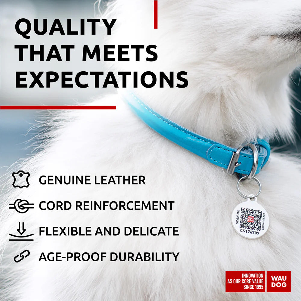 Waudog Glamour Leather Dog Collar w/ QR Tag - XS - Blue