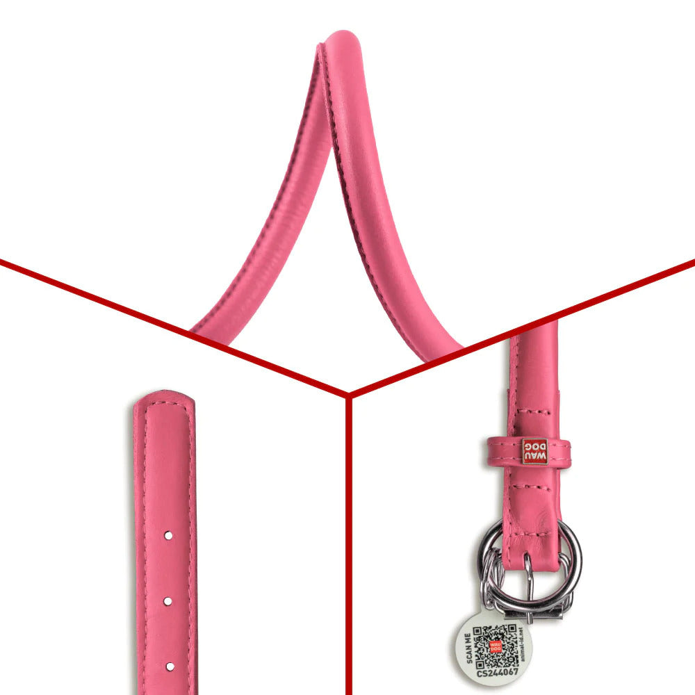Waudog Glamour Leather Dog Collar w/ QR Tag - XXS - Pink