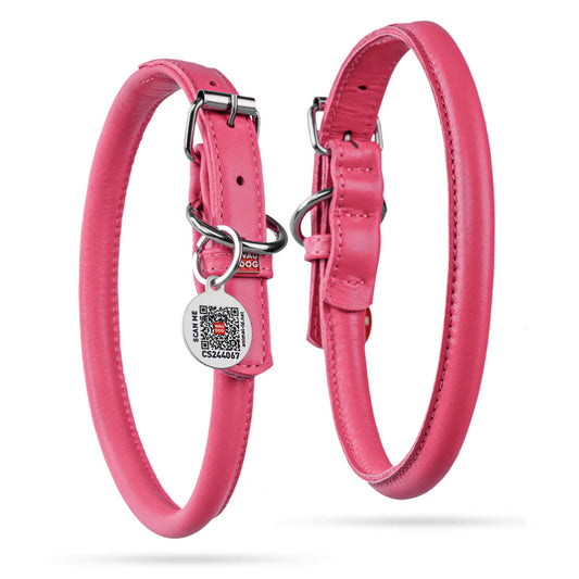 Waudog Glamour Leather Dog Collar w/ QR Tag - XXS - Pink