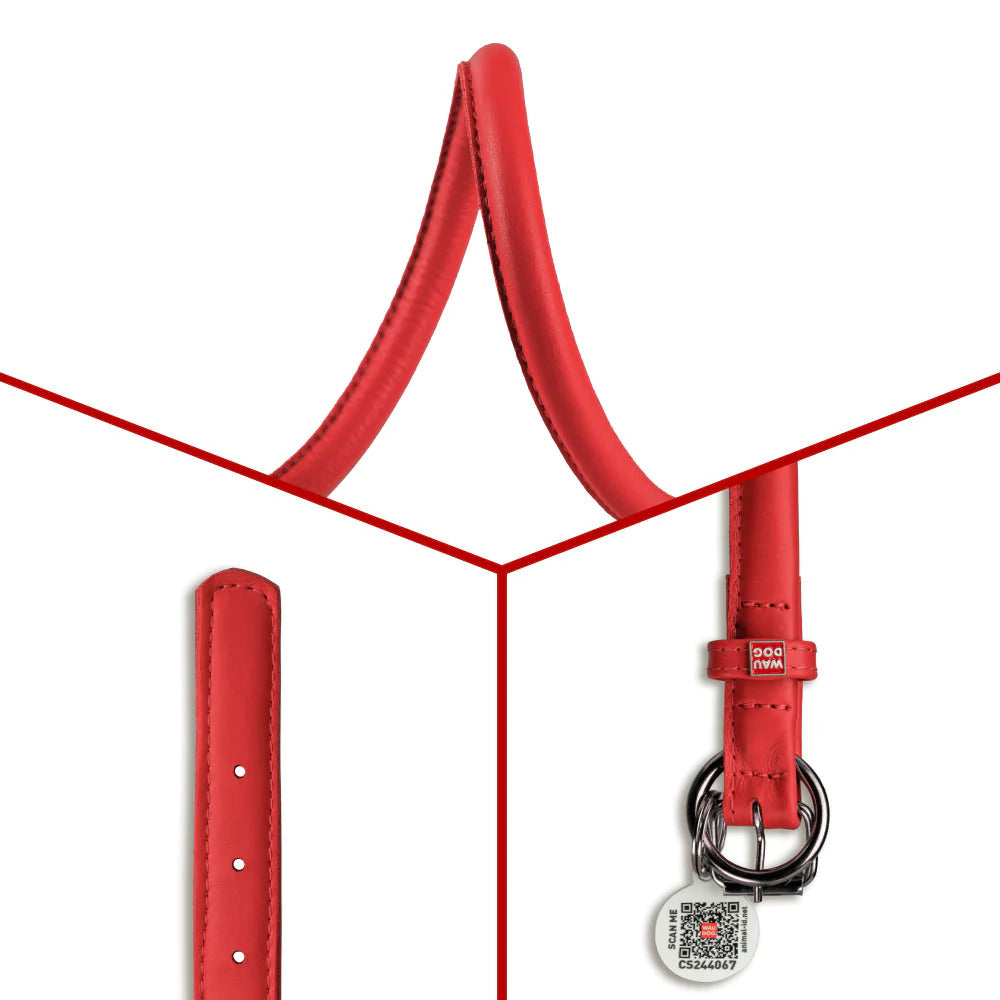 Waudog Glamour Leather Dog Collar w/ QR Tag - XS - Red