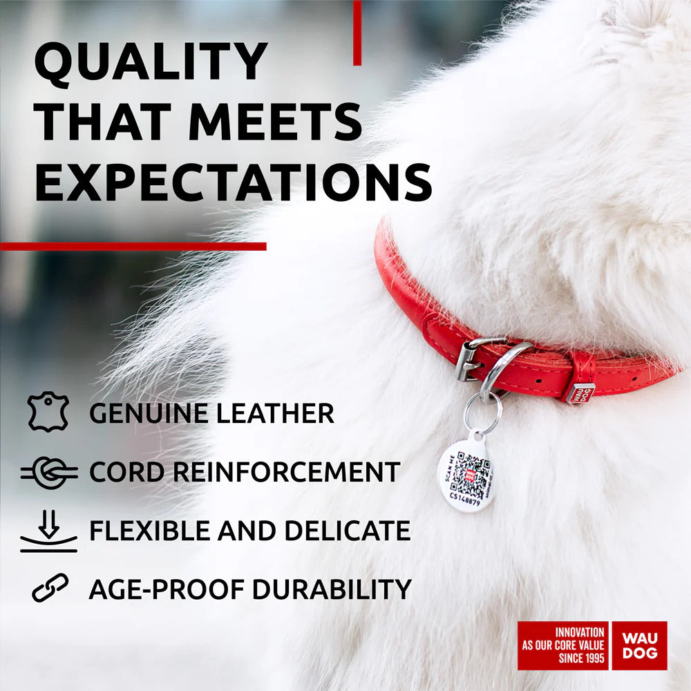 Waudog Glamour Leather Dog Collar w/ QR Tag - XXS - Red