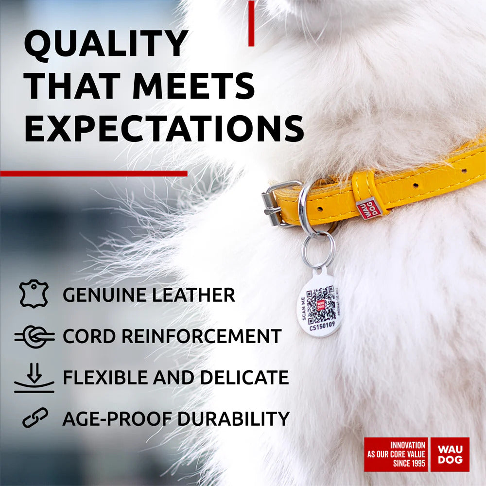 Waudog Glamour Leather Dog Collar w/ QR Tag - S - Yellow