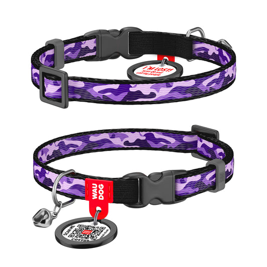 Waudog Nylon Cat Collar with QR Tag - Purple Camo - Plastic Buckle