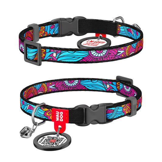 Waudog Nylon Cat Collar with QR Tag - Summer - Plastic Buckle