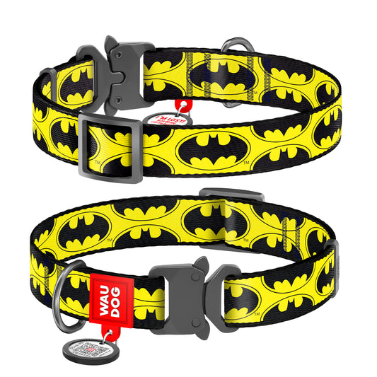 Waudog Nylon Dog Collar with QR Tag - Batman Logo - Metal Buckle - L