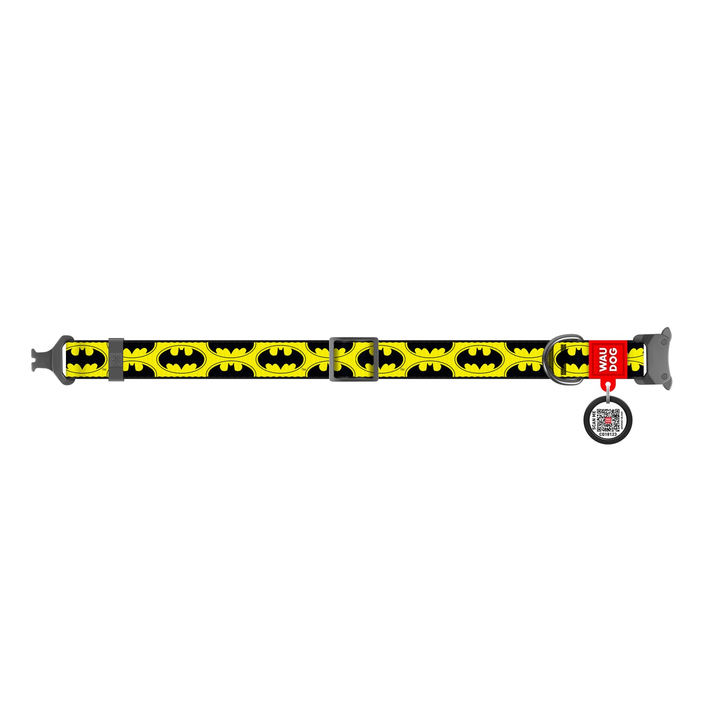Waudog Nylon Dog Collar with QR Tag - Batman Logo - Metal Buckle - M