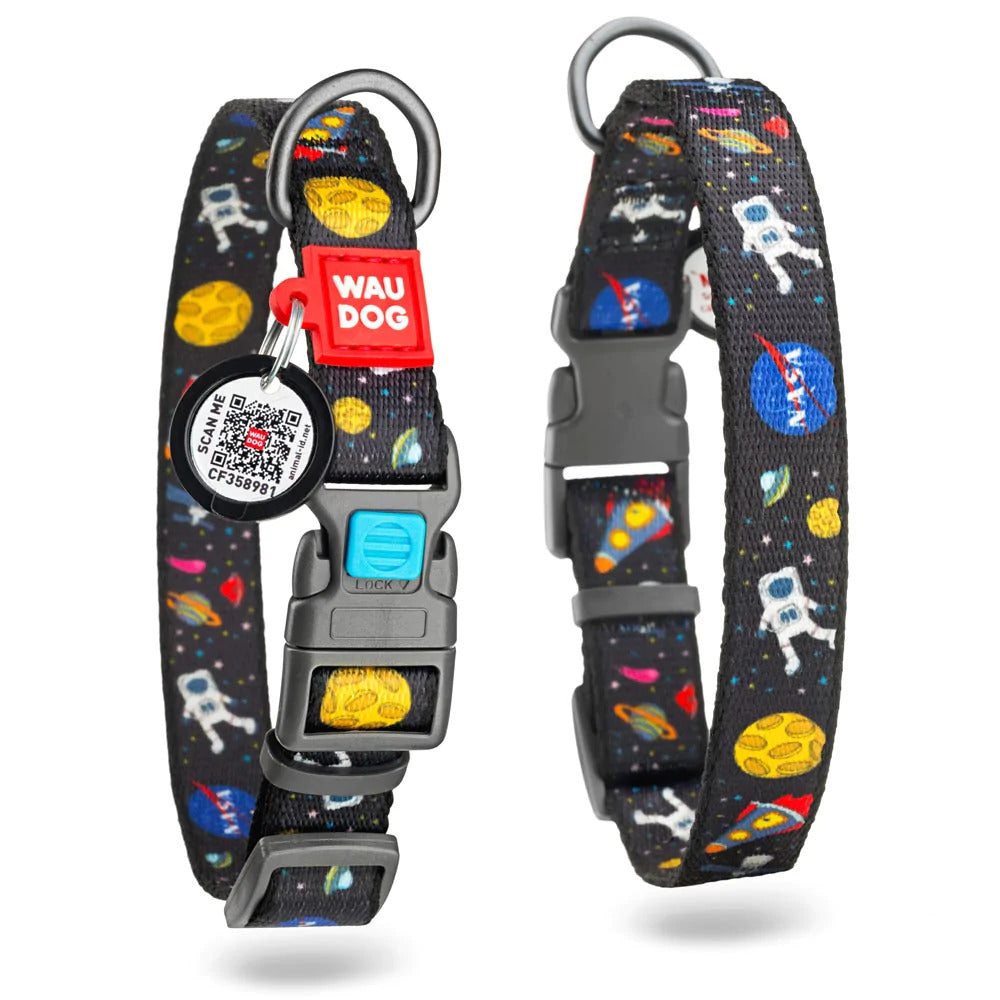 Waudog Nylon Dog Collar with QR Tag - NASA - Plastic Buckle - XL
