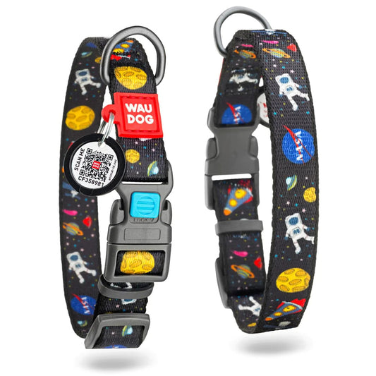 Waudog Nylon Dog Collar with QR Tag - NASA - Plastic Buckle - XL