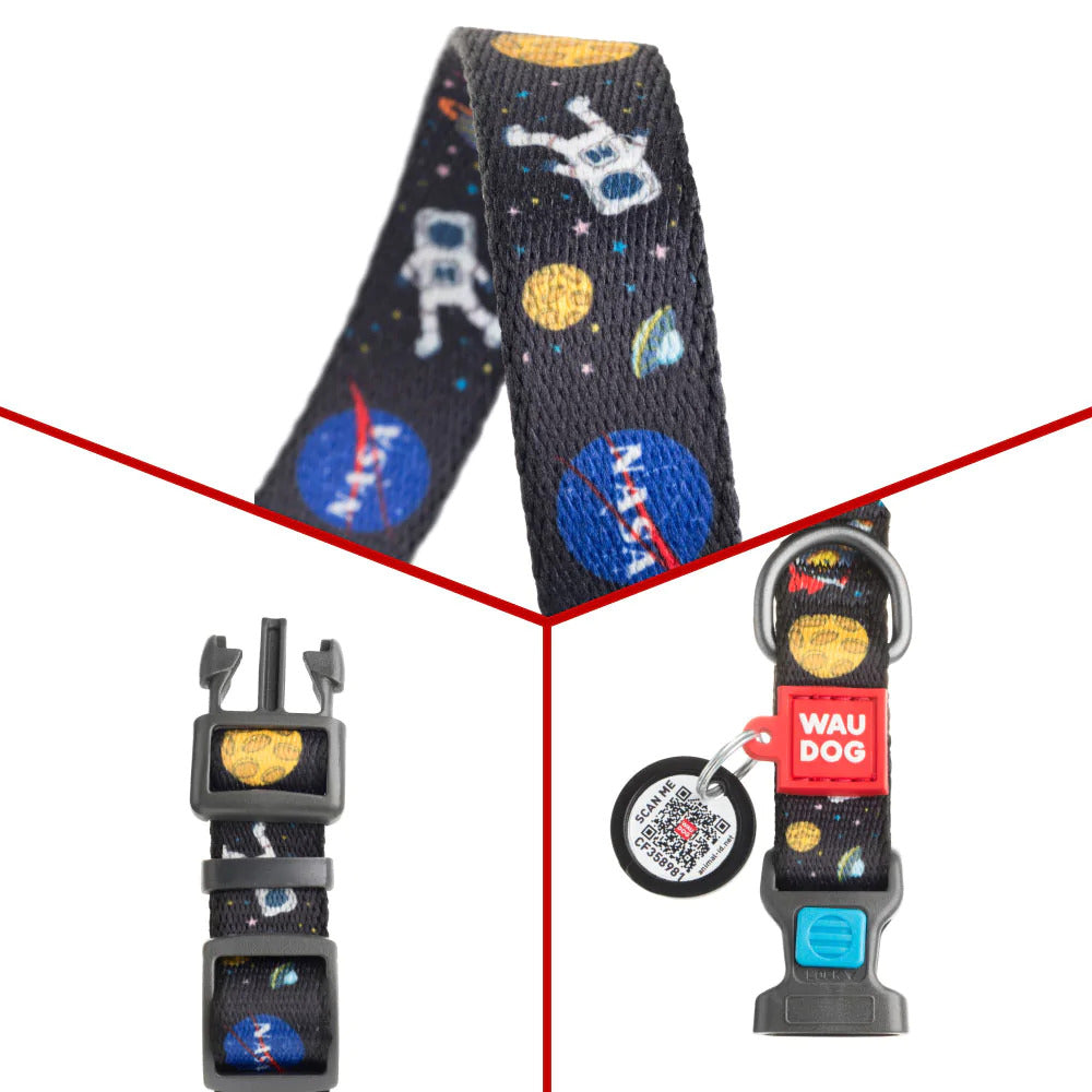 Waudog Nylon Dog Collar with QR Tag - NASA - Plastic Buckle - L