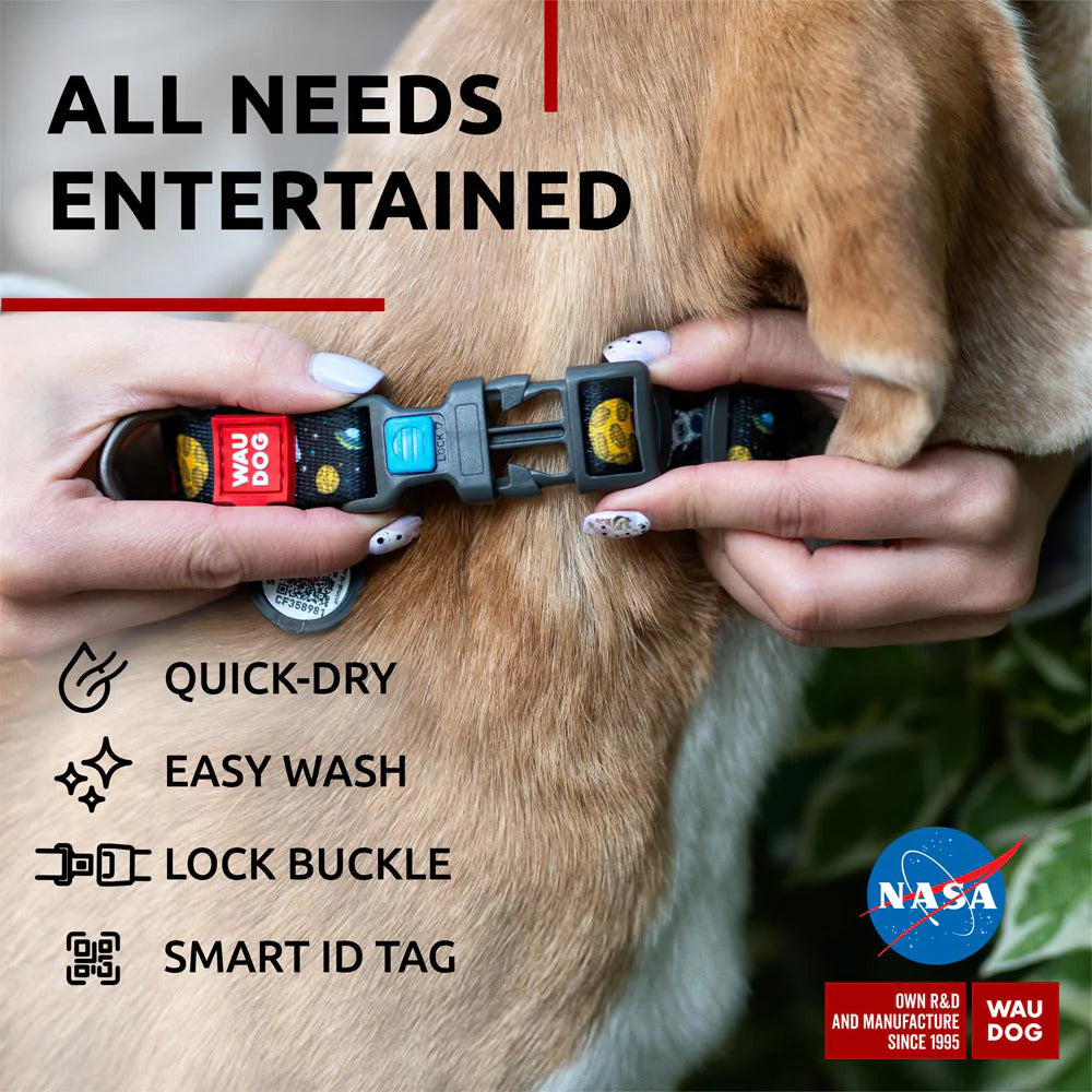 Waudog Nylon Dog Collar with QR Tag - NASA - Plastic Buckle - L