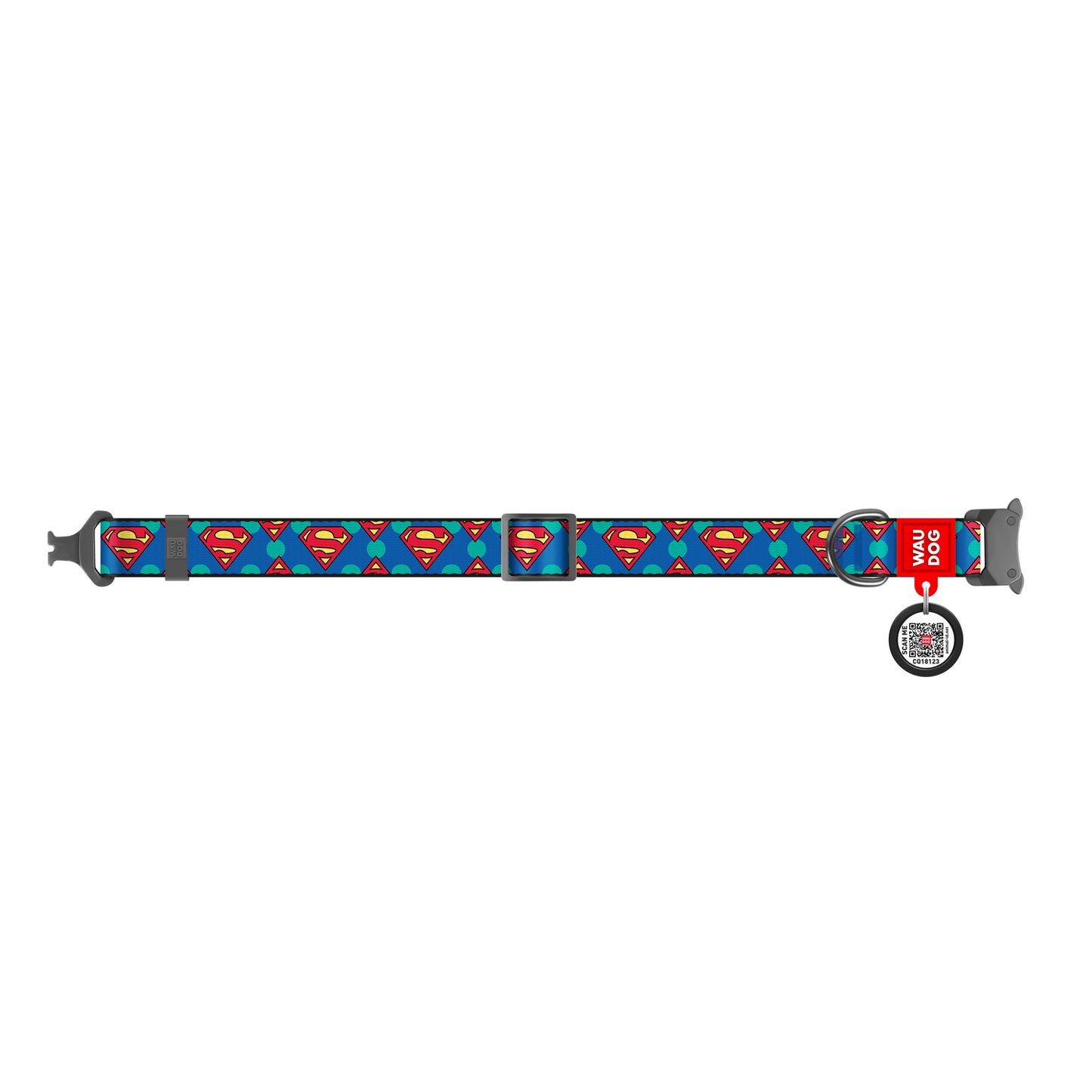 Waudog Nylon Dog Collar with QR Tag - Superman Logo - Metal Buckle - M