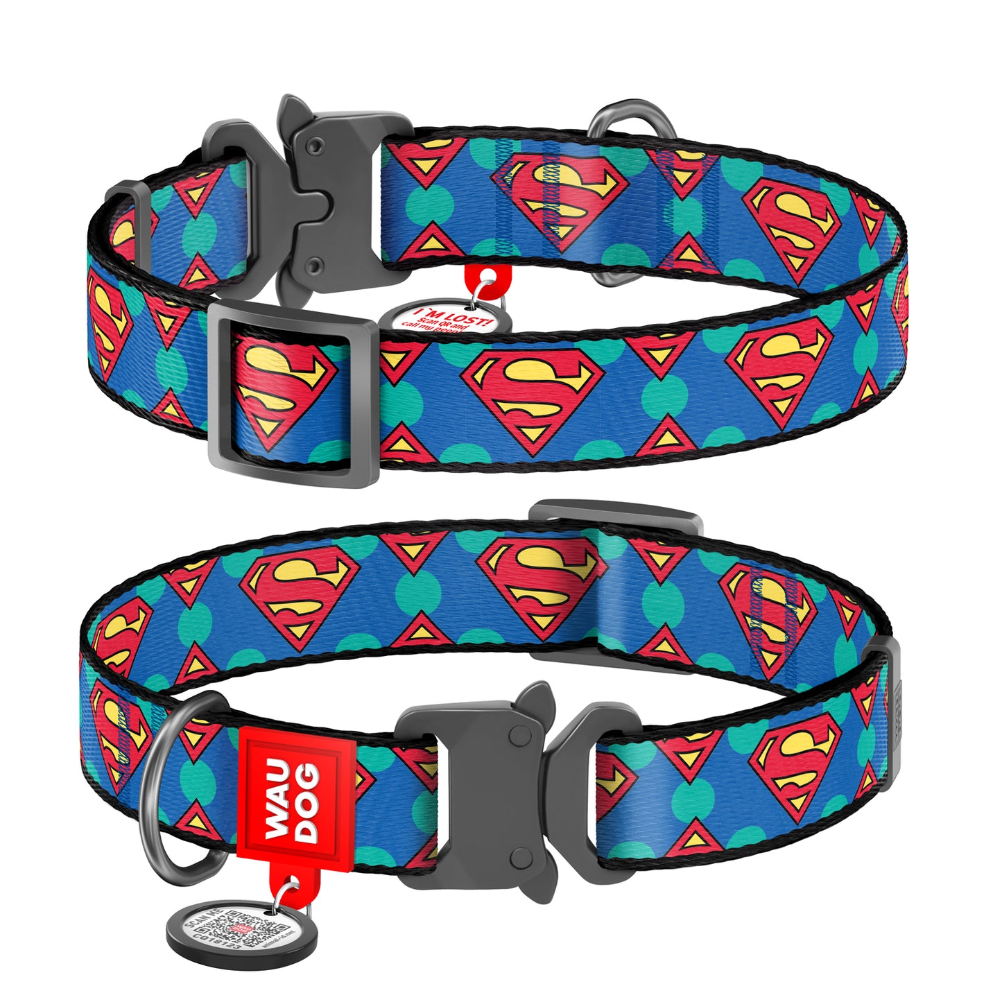 Waudog Nylon Dog Collar with QR Tag - Superman Logo - Metal Buckle - M