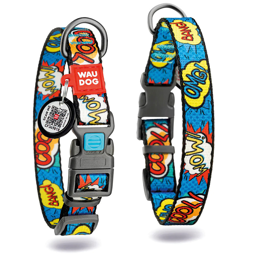Waudog Nylon Dog Collar with QR Tag - WOW - Plastic Buckle - M