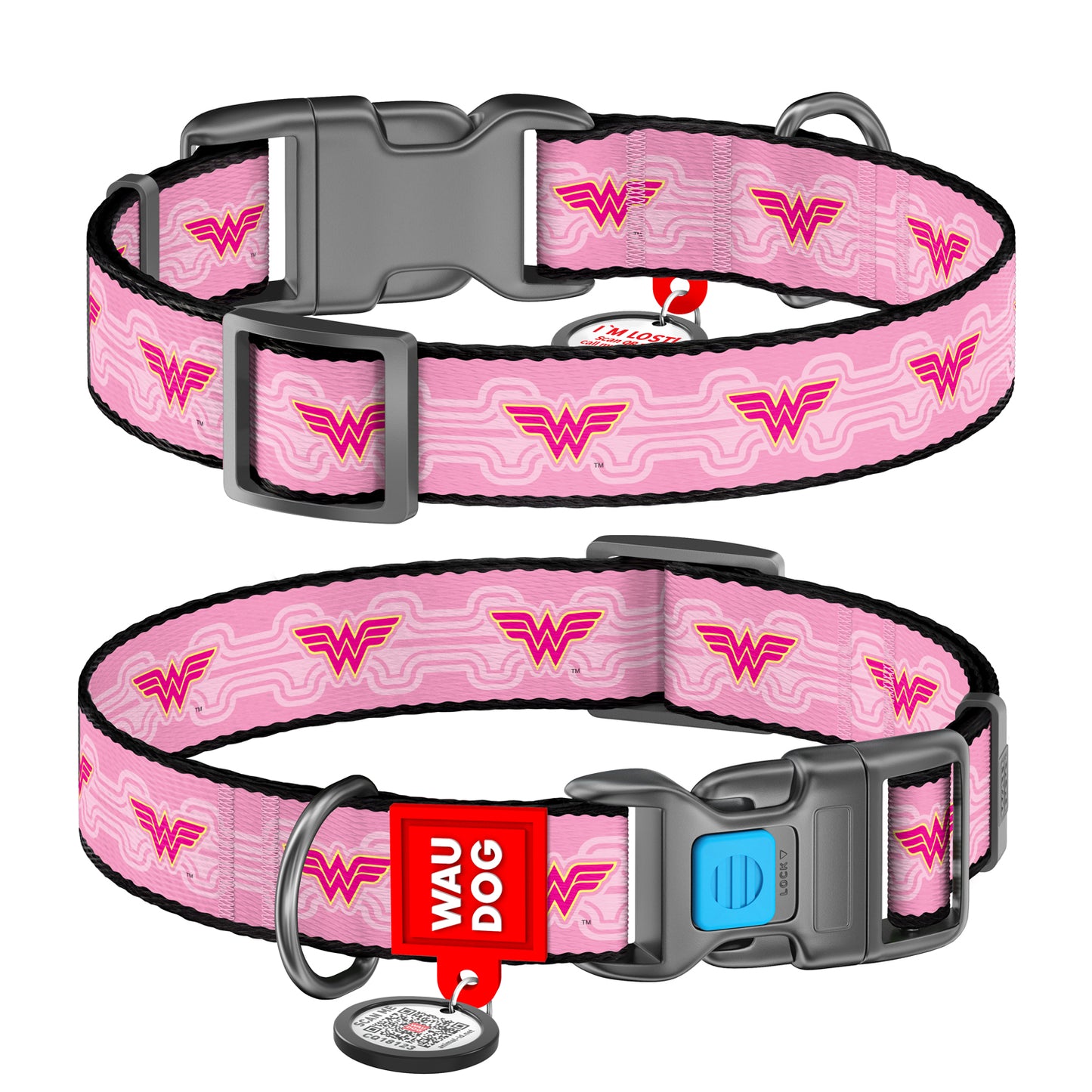 Waudog Nylon Dog Collar with QR Tag - Wonder Woman 1 - Plastic Buckle - L