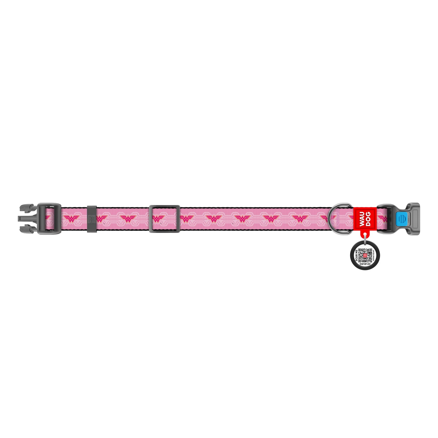 Waudog Nylon Dog Collar with QR Tag - Wonder Woman 1 - Plastic Buckle - M