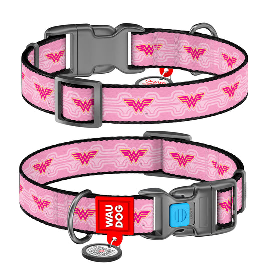 Waudog Nylon Dog Collar with QR Tag - Wonder Woman 1 - Plastic Buckle - S