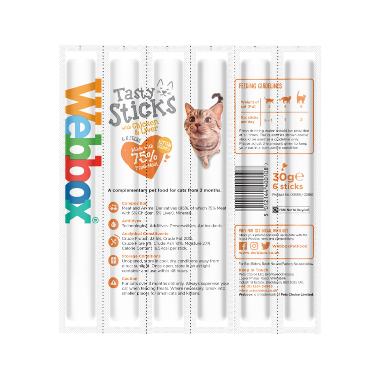 Webbox Cat Treat Tasty Sticks Chicken & Liver - 30 g (6 pcs)